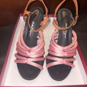 Salvatore Ferragamo Pink and Brown Strappy Heels great condition pink and brown